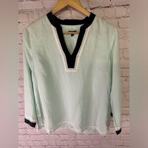 Talbots Seafoam Navy Trim Classic Linen Coastal Beach Popover Top Size S